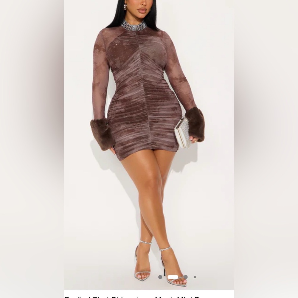 Fashion Nova Bodied That Rhinestone Mesh Mini‎ Dress - Brown Size M